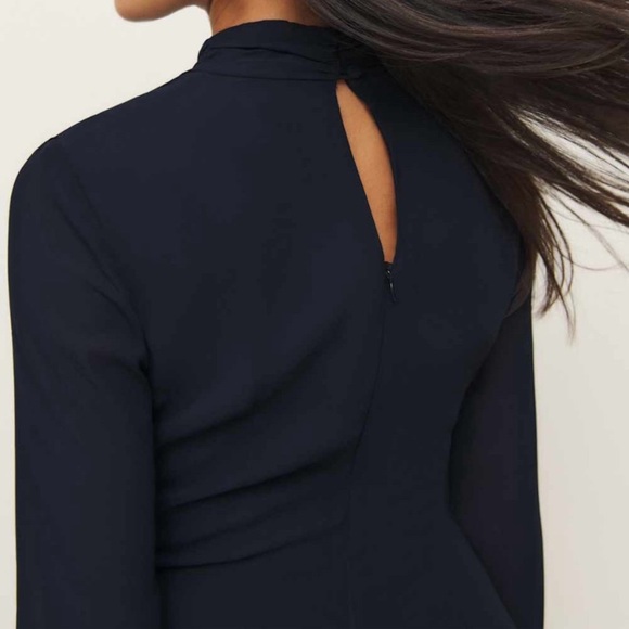 NWT Reformation Tilda High Mock Neck Long Sleeve Slit Maxi Dress Gown Navy Blue - Picture 6 of 14